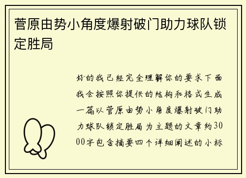 菅原由势小角度爆射破门助力球队锁定胜局