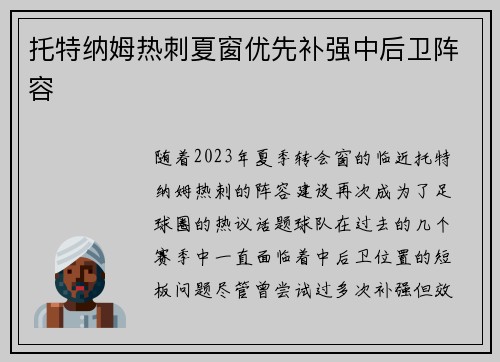 托特纳姆热刺夏窗优先补强中后卫阵容 托特纳姆热刺夏窗优先补强中后卫阵容